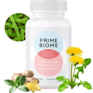 PrimeBiome reviews showing supplement bottle and official website details