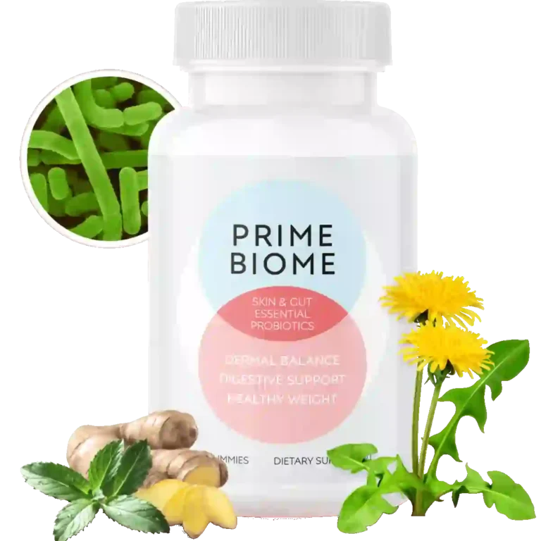 PrimeBiome reviews showing supplement bottle and official website details