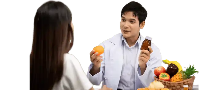Doctor holding a supplement bottle explaining ingredients and safety to a patient during a consultation